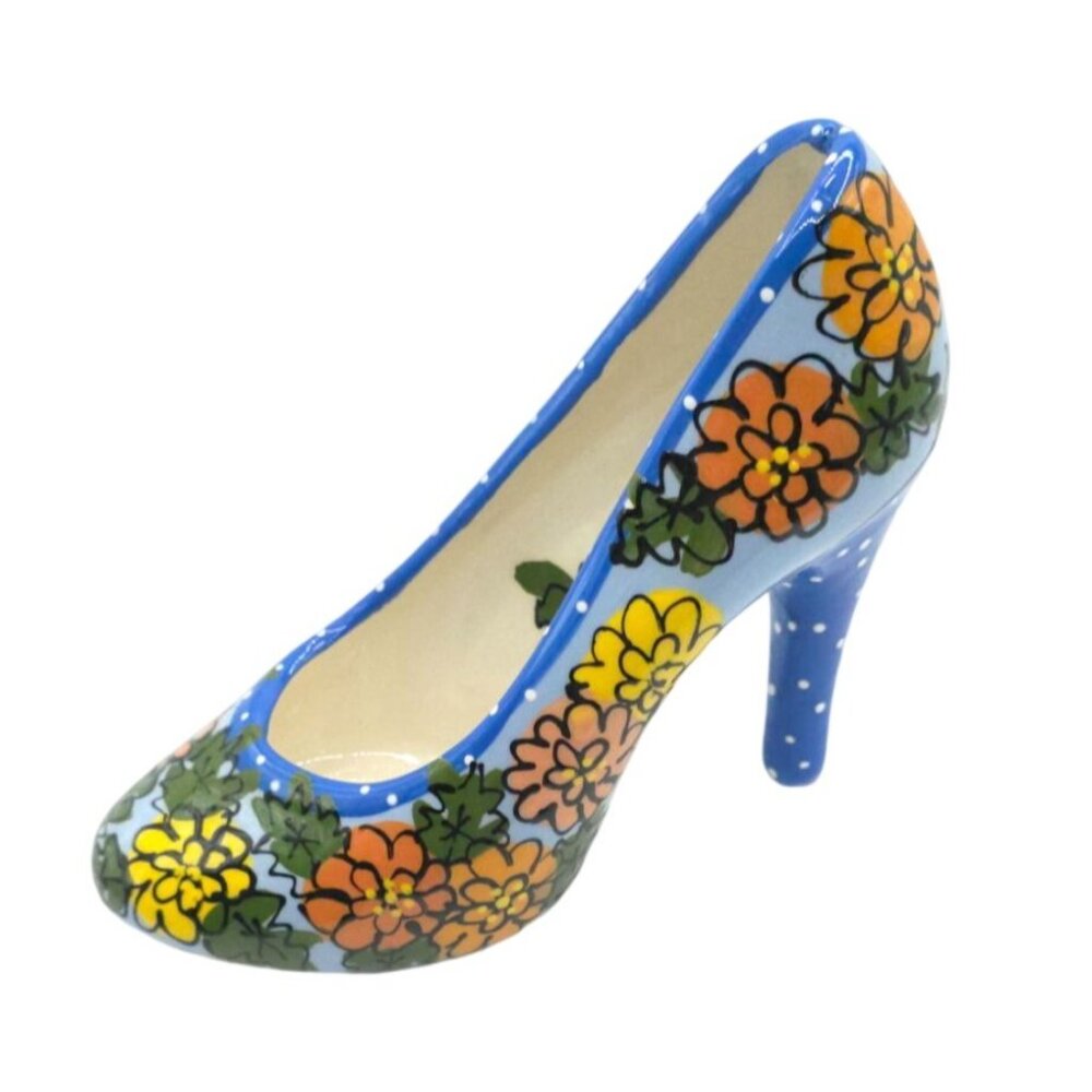 Hand-Painted Ceramic High Heel Shoe By Robin Starling Signed 2000 Floral Polka D - Picture 4 of 5